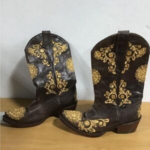 Golden Guns Dark Brown Leather Cowboy Boots w/Tan Embroidery Size 5.5